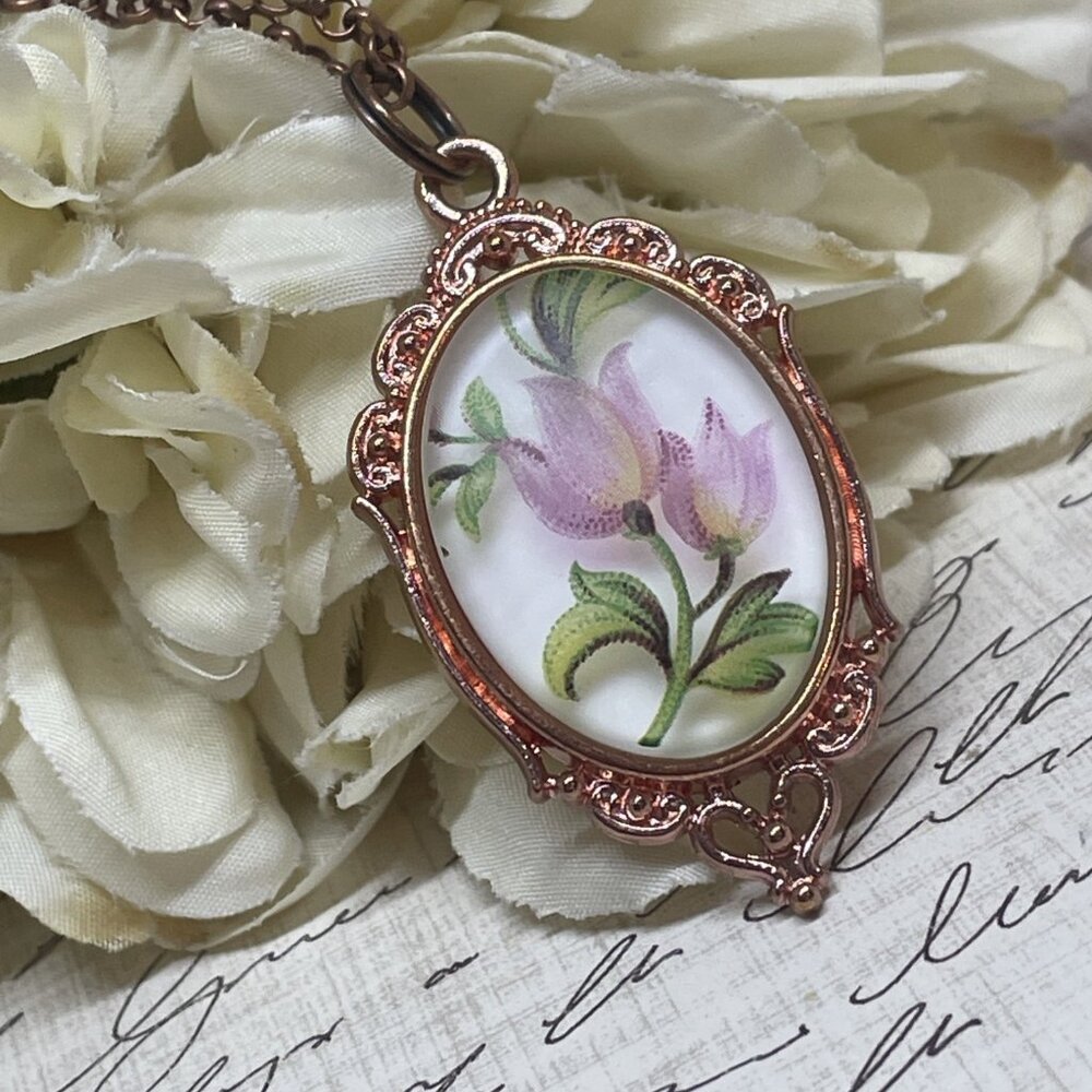 Rose Gold Pink Tulip Flower Girl Bridesmaids  Pendant Necklace Charm Wedding